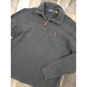Polo Ralph Lauren Mens Med Gray Quarter Zip Cotton Ribbed Knit Pullover Sweater